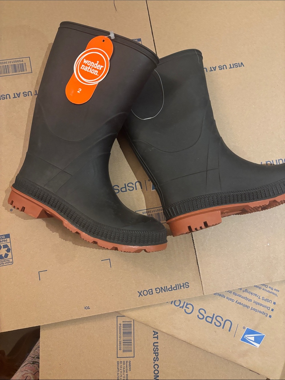 NWT wonder nation Black Rubber Rain & Snow Boots with Brown Outsole size 2